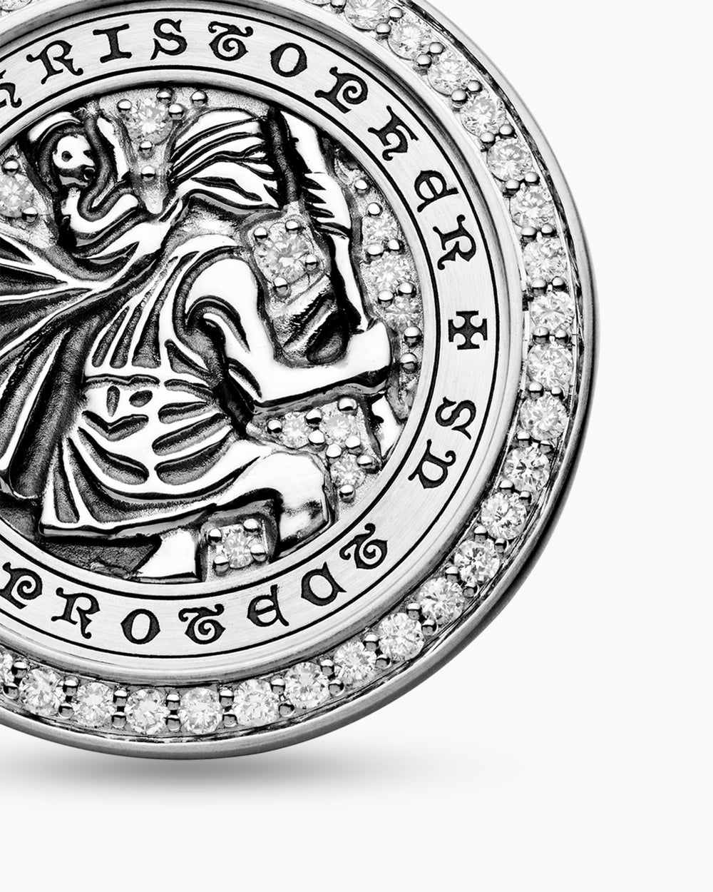 Mens St. Christopher Amulet in Sterling Silver with Diamonds, 28.5mm