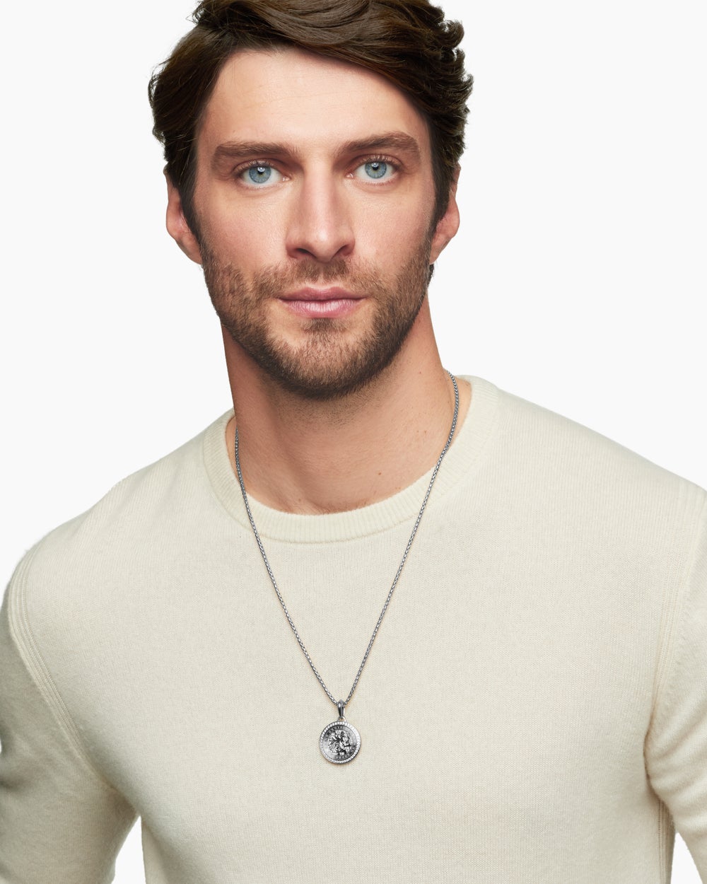 Mens St. Christopher Amulet in Sterling Silver with Diamonds, 28.5mm