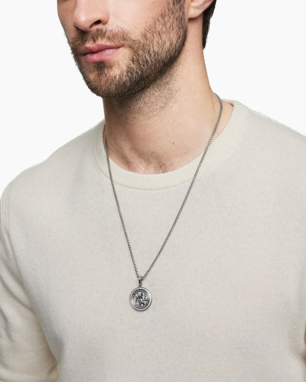 Mens St. Christopher Amulet in Sterling Silver with Diamonds, 28.5mm