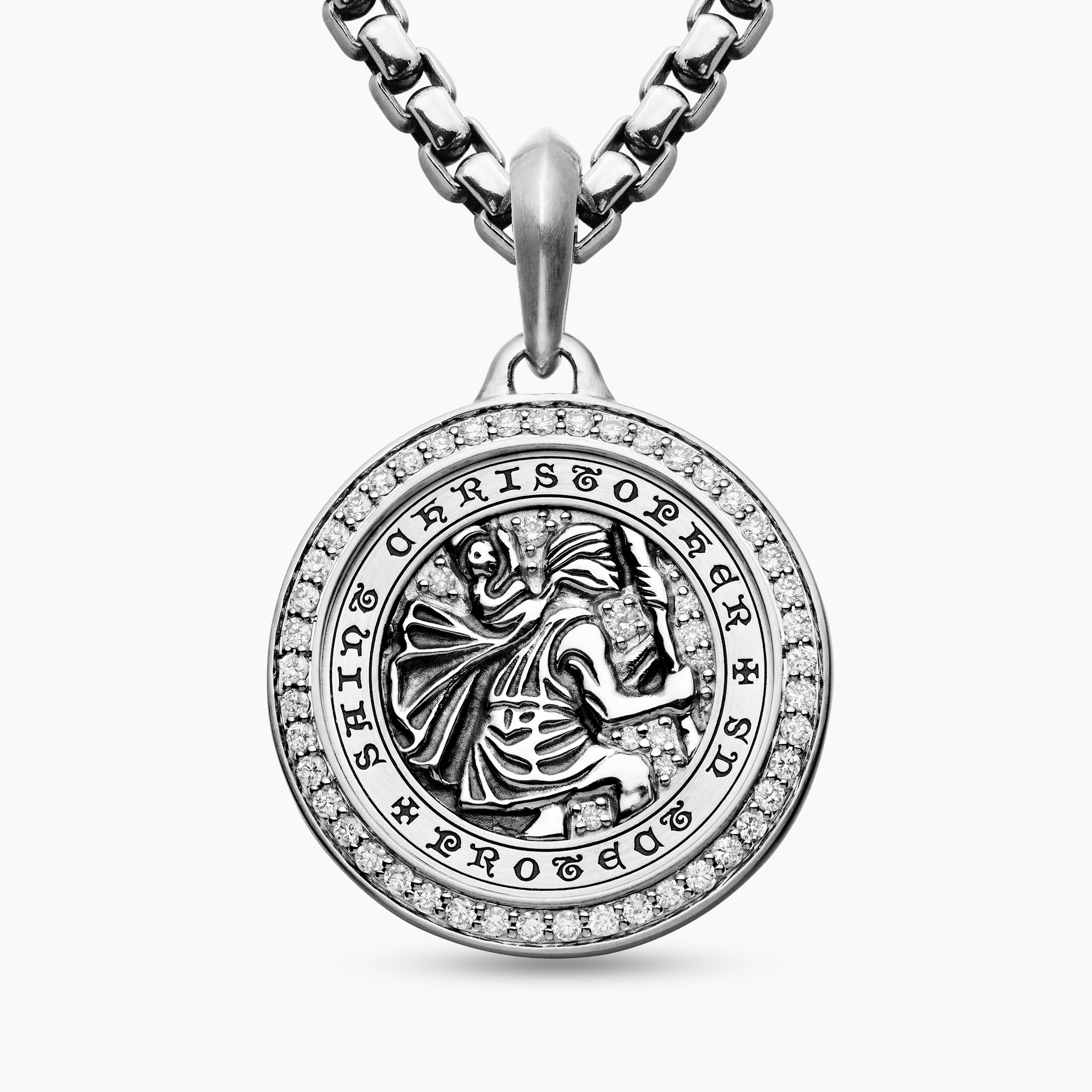 Mens St. Christopher Amulet in Sterling Silver with Diamonds, 28.5mm