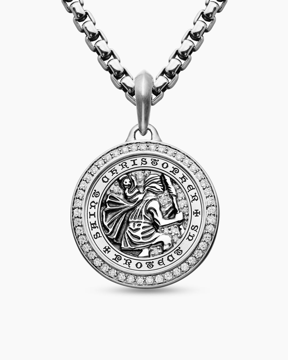 Mens St. Christopher Amulet in Sterling Silver with Diamonds, 28.5mm
