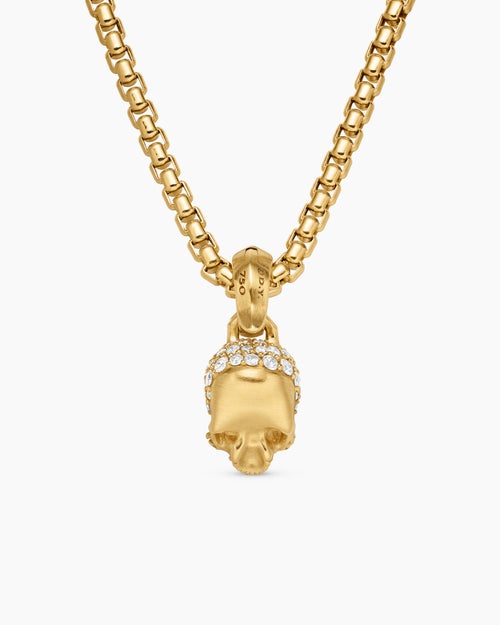 Womens Skull Amulet with Full Pavé Diamonds and 18K Yellow Gold, 14mm