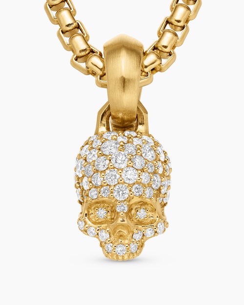 Womens Skull Amulet with Full Pavé Diamonds and 18K Yellow Gold, 14mm
