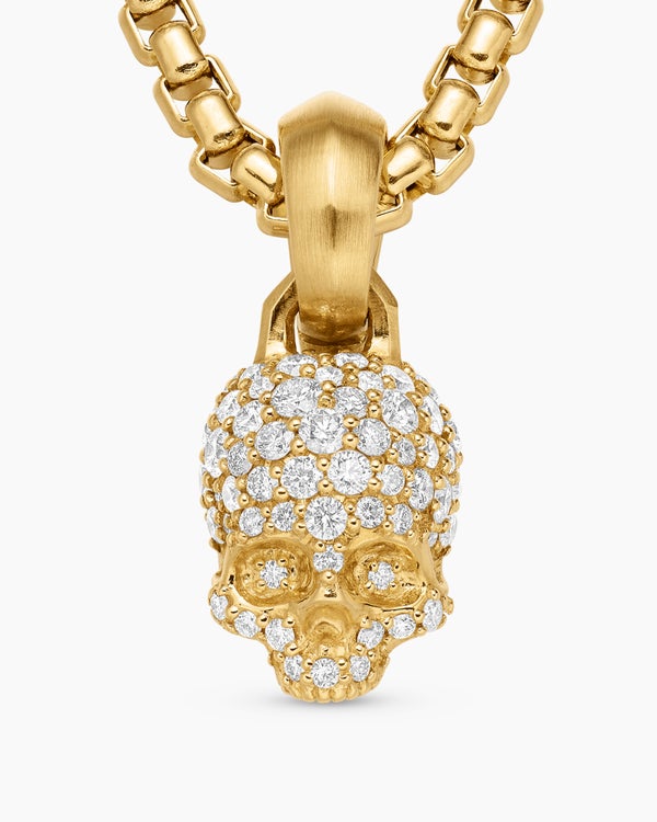 Skull Amulet with Full Pavé Diamonds and 18K Yellow Gold, 14mm