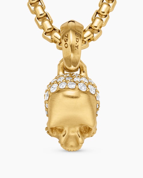 Womens Skull Amulet with Full Pavé Diamonds and 18K Yellow Gold, 14mm
