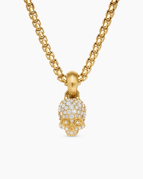 Womens Skull Amulet with Full Pavé Diamonds and 18K Yellow Gold, 14mm