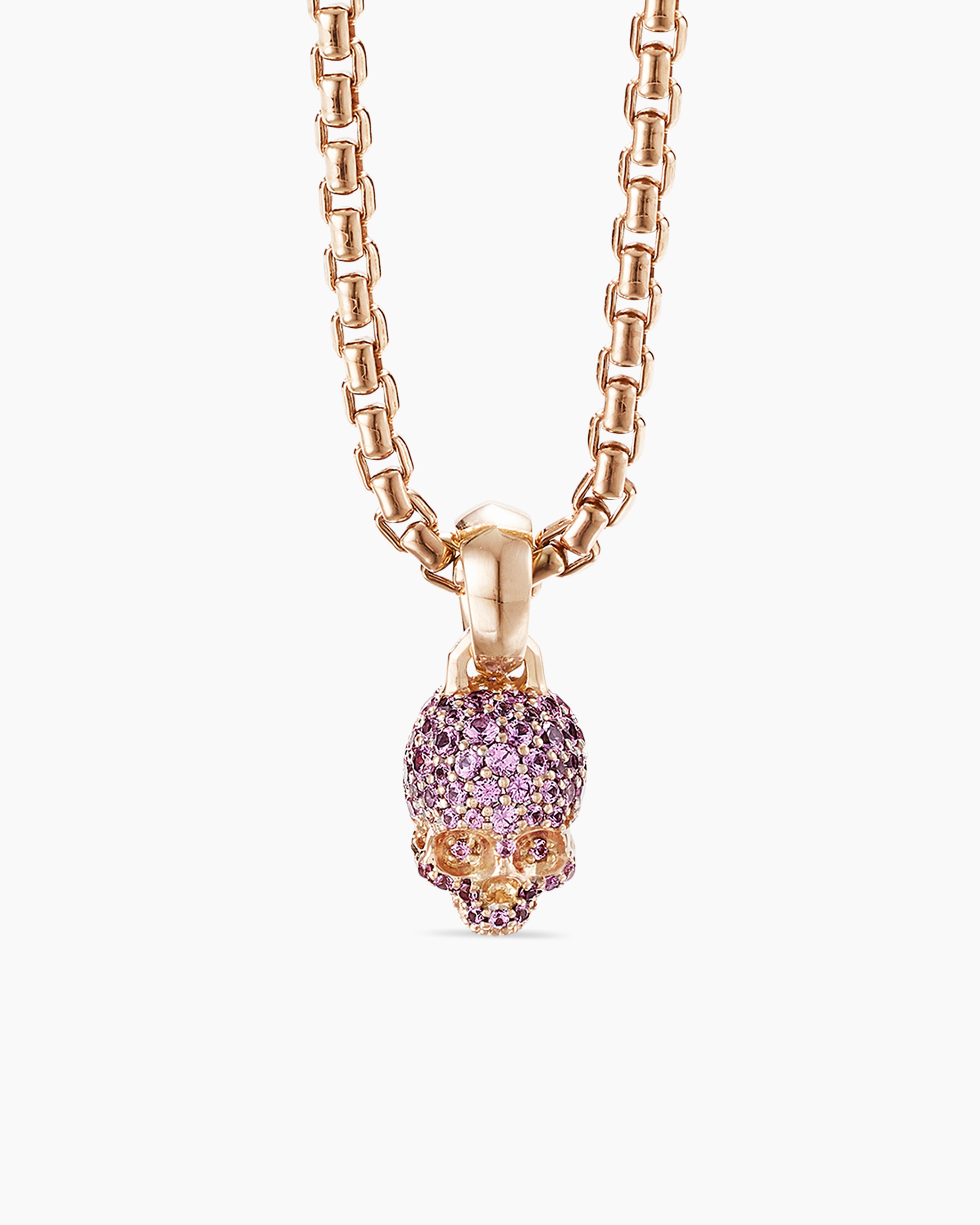 Skull Amulet with Full Pavé Pink Sapphires and 18K Rose Gold, 19.3mm |  David Yurman