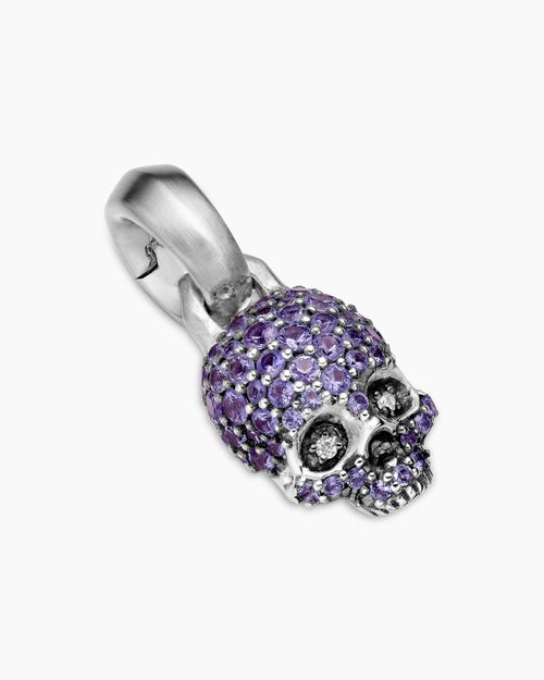 Womens Skull Amulet with Full Pavé Purple Sapphires and 18K White Gold, 14mm