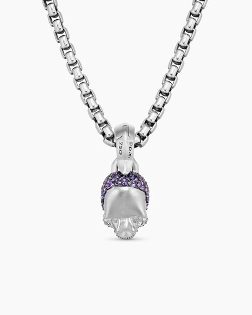 Womens Skull Amulet with Full Pavé Purple Sapphires and 18K White Gold, 14mm
