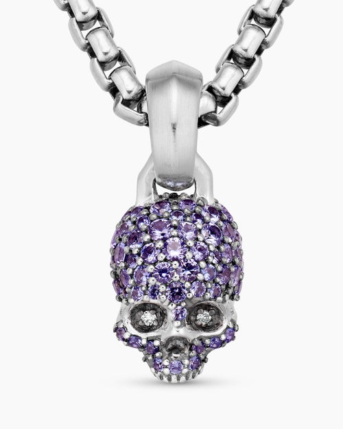 Womens Skull Amulet with Full Pavé Purple Sapphires and 18K White Gold, 14mm