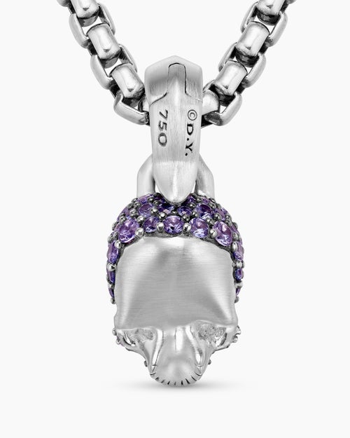 Womens Skull Amulet with Full Pavé Purple Sapphires and 18K White Gold, 14mm