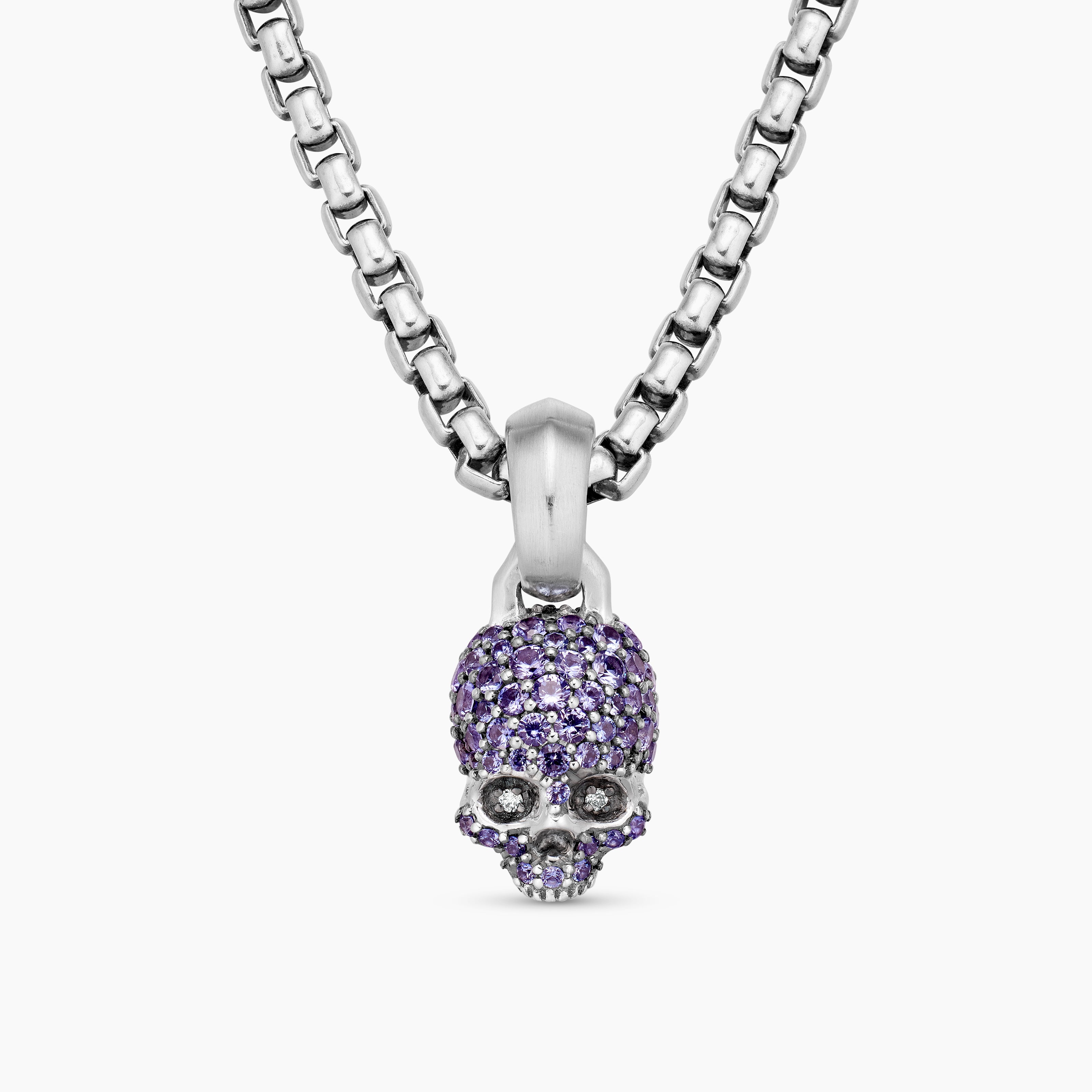 Womens Skull Amulet with Full Pav&eacute; Purple Sapphires and 18K White Gold, 14mm
