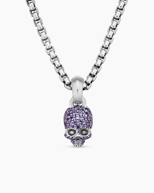Womens Skull Amulet with Full Pavé Purple Sapphires and 18K White Gold, 14mm