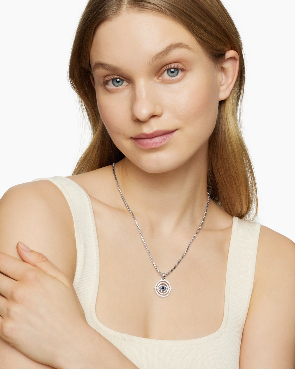 Womens Evil Eye Mobile Amulet in 18K White Gold with Pavé Blue Sapphires and Diamonds, 20.5mm