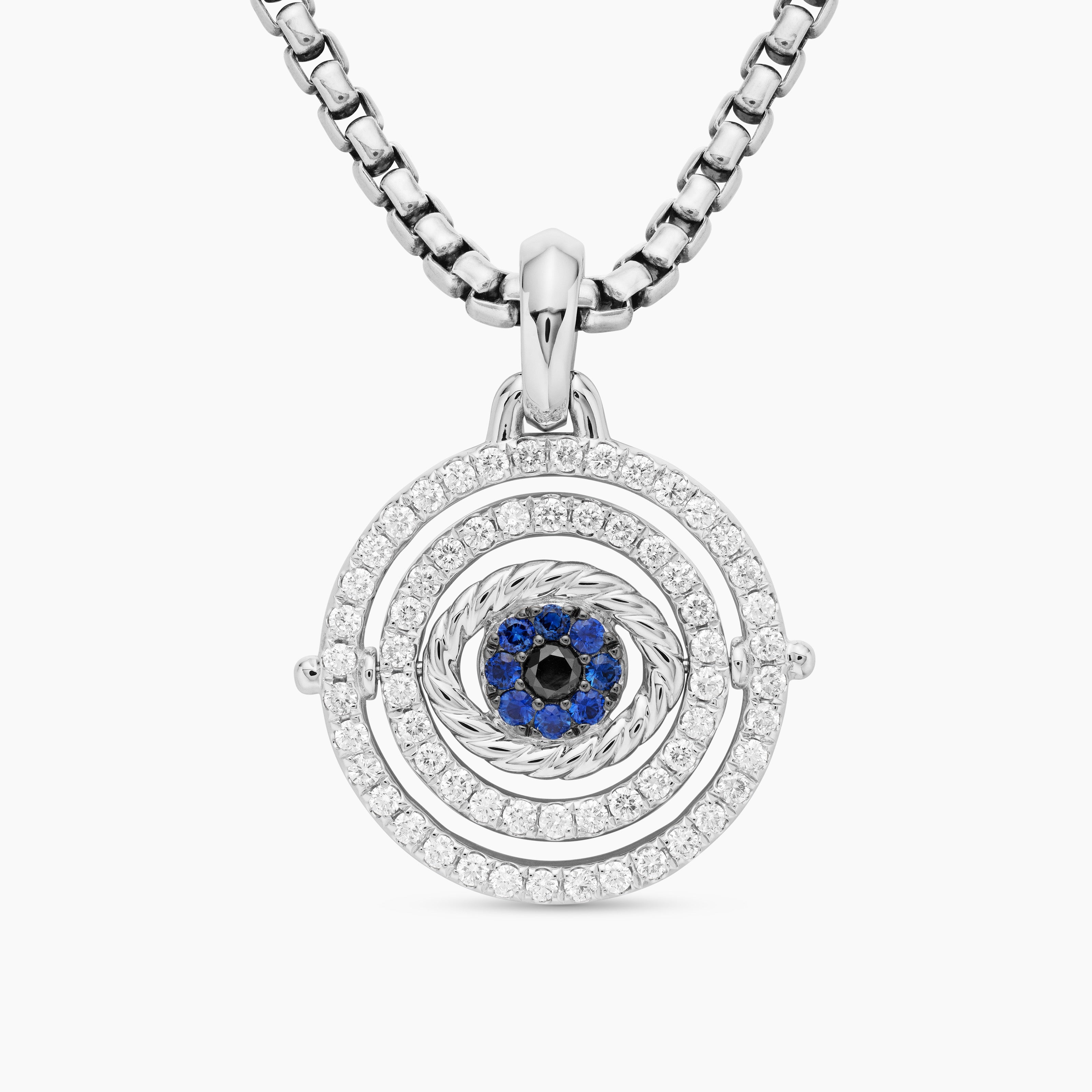 Womens Evil Eye Mobile Amulet in 18K White Gold with Pav&eacute; Blue Sapphires and Diamonds, 20.5mm