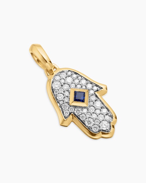 Womens Hamsa Amulet in 18K Yellow Gold with Pavé Diamonds and Blue Sapphire, 24.6mm