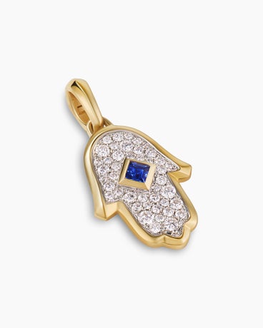 Hamsa Amulet in 18K Yellow Gold with Pavé Diamonds and Blue Sapphire, 26mm