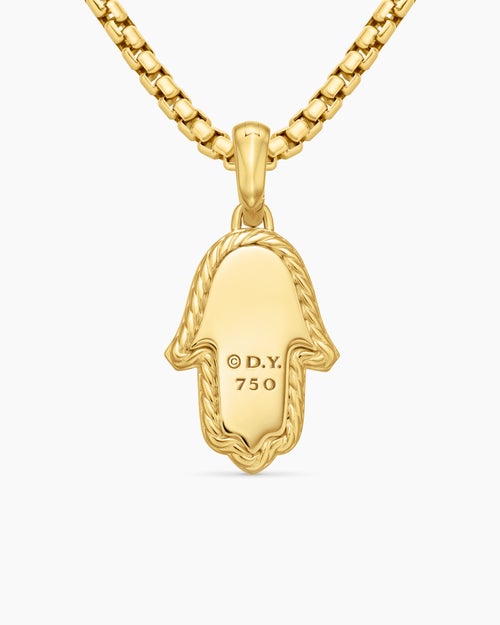 Womens Hamsa Amulet in 18K Yellow Gold with Pavé Diamonds and Blue Sapphire, 24.6mm