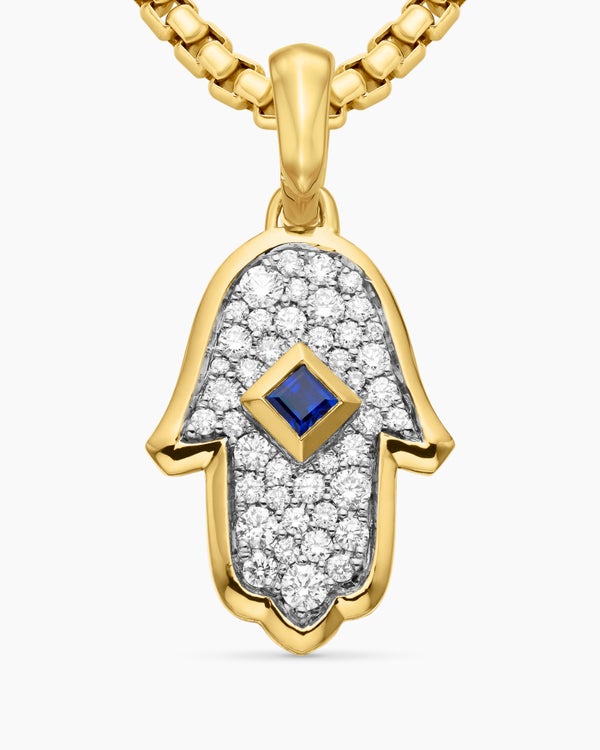 Hamsa Amulet in 18K Yellow Gold with Pavé Diamonds and Blue Sapphire, 24.6mm