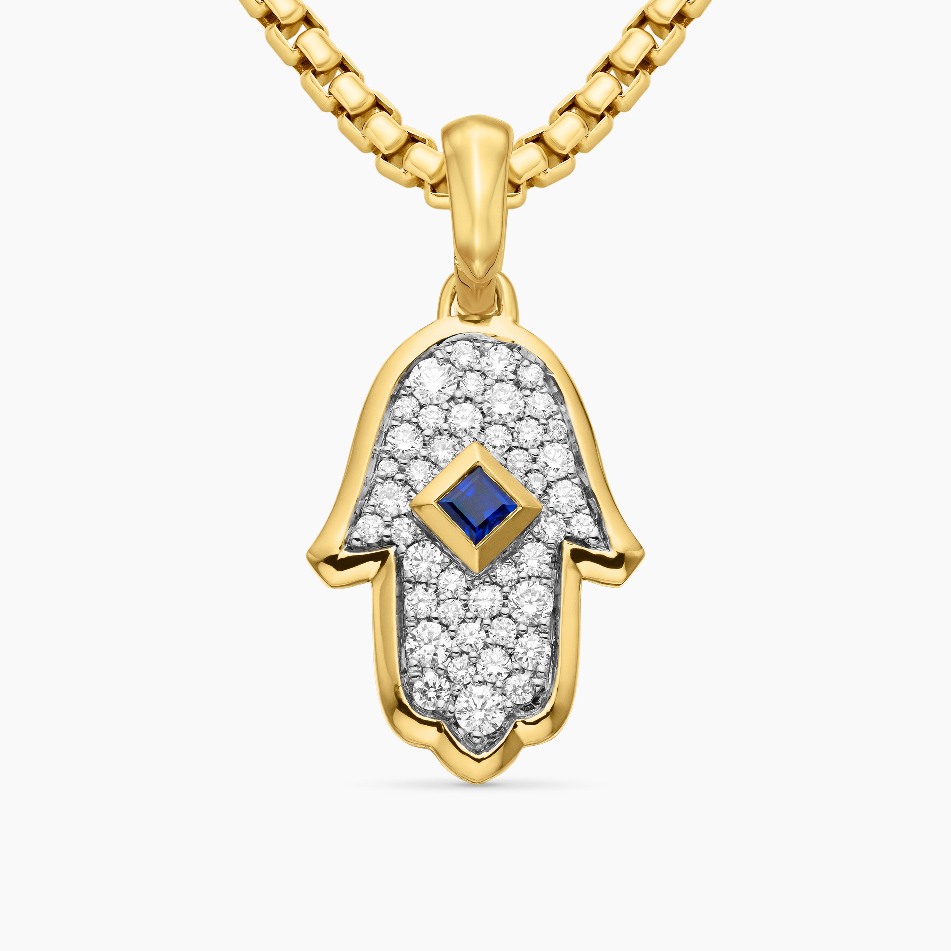 Womens Hamsa Amulet in 18K Yellow Gold with Pav&eacute; Diamonds and Blue Sapphire, 24.6mm