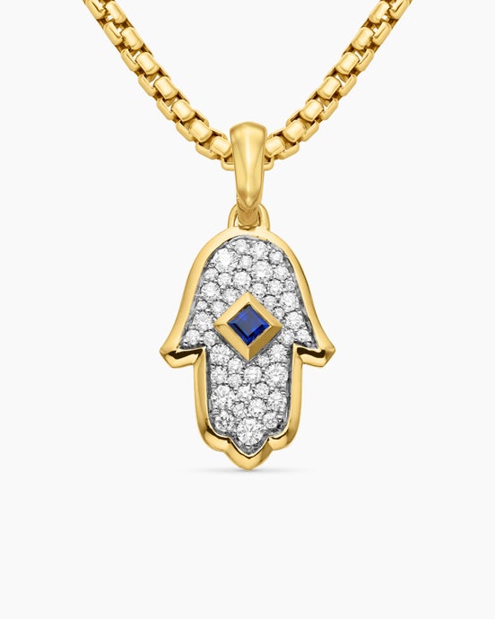 Hamsa Amulet in 18K Yellow Gold with Pavé Diamonds and Blue Sapphire, 24.6mm