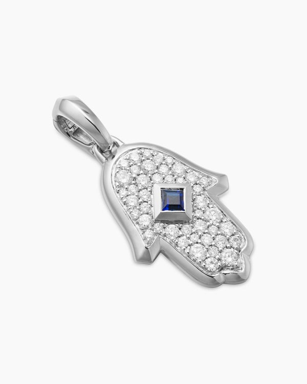 Hamsa Amulet in 18K White Gold with Pavé Diamonds and Blue Sapphire, 24.6mm