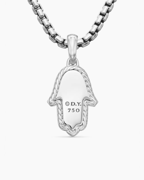Womens Hamsa Amulet in 18ct White Gold with Pavé Diamonds and Blue Sapphire, 24.6mm