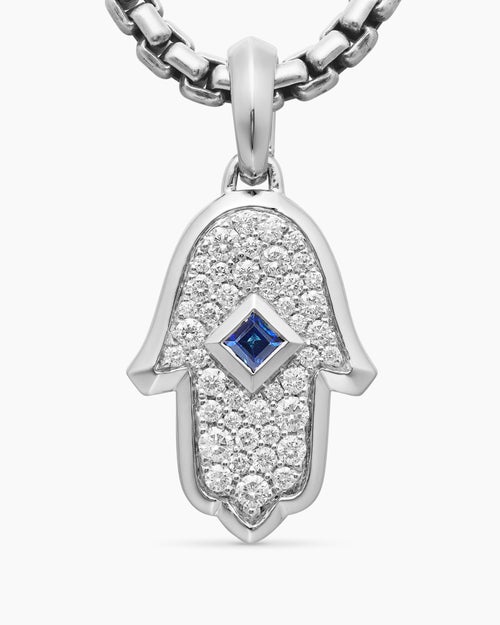 Womens Hamsa Amulet in 18ct White Gold with Pavé Diamonds and Blue Sapphire, 24.6mm