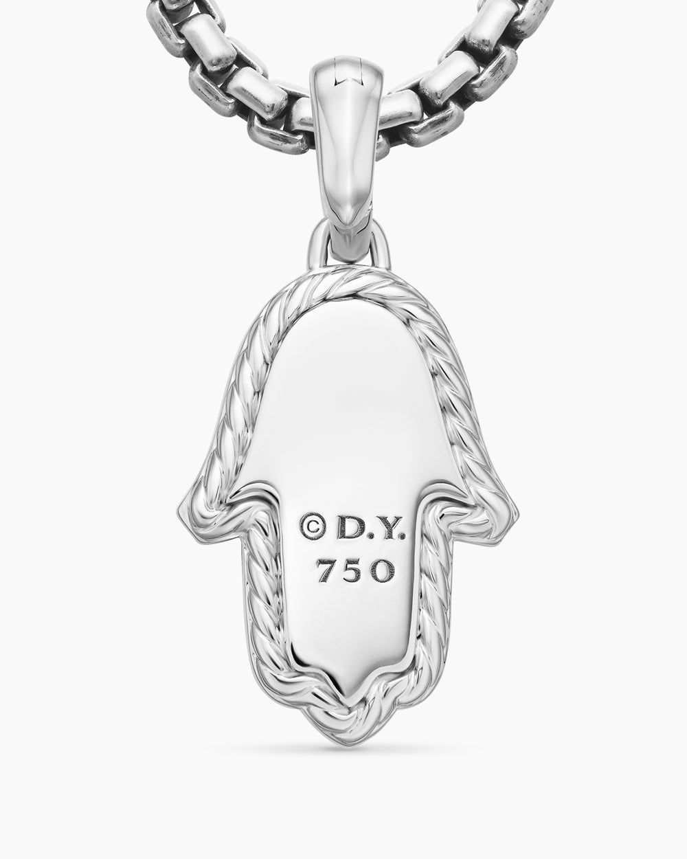 Womens Hamsa Amulet in 18ct White Gold with Pavé Diamonds and Blue Sapphire, 24.6mm