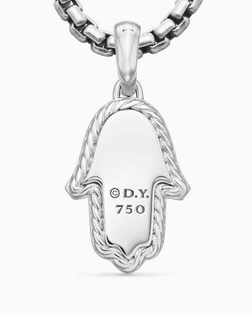 Womens Hamsa Amulet in 18K White Gold with Pavé Diamonds and Blue Sapphire, 24.6mm