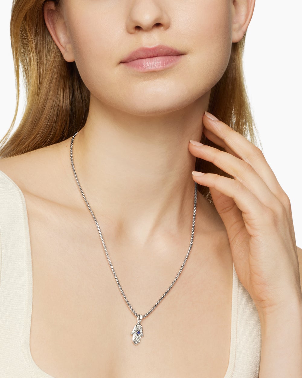 Womens Hamsa Amulet in 18ct White Gold with Pavé Diamonds and Blue Sapphire, 24.6mm