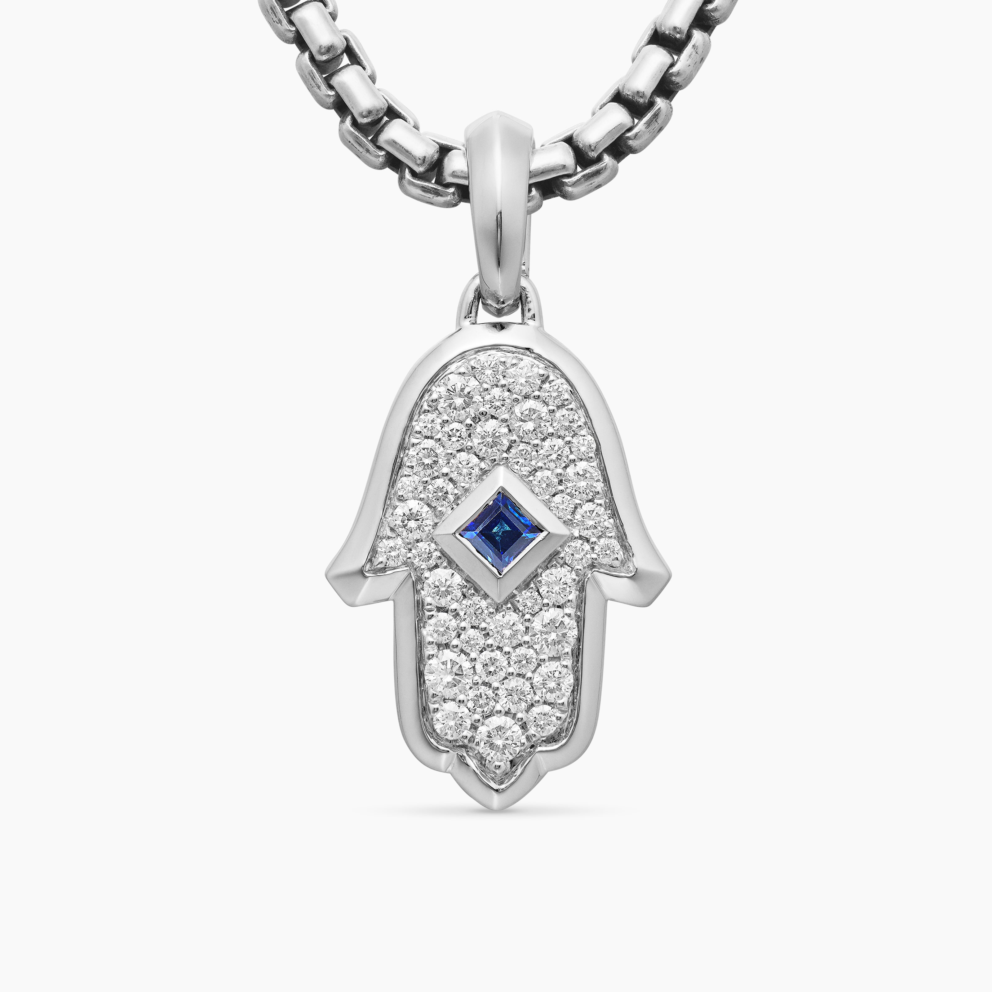 Womens Hamsa Amulet in 18K White Gold with Pav&eacute; Diamonds and Blue Sapphire, 24.6mm