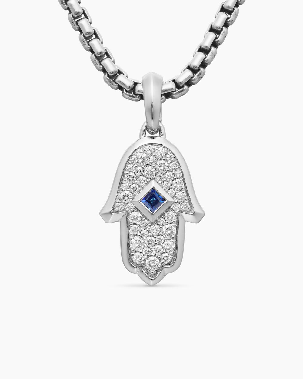 Womens Hamsa Amulet in 18ct White Gold with Pavé Diamonds and Blue Sapphire, 24.6mm