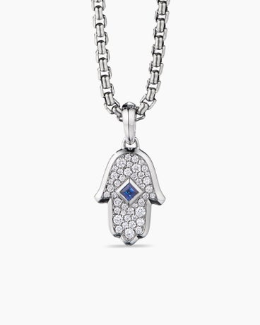 Hamsa Amulet in 18K White Gold with Pavé Diamonds and Blue Sapphire, 26mm