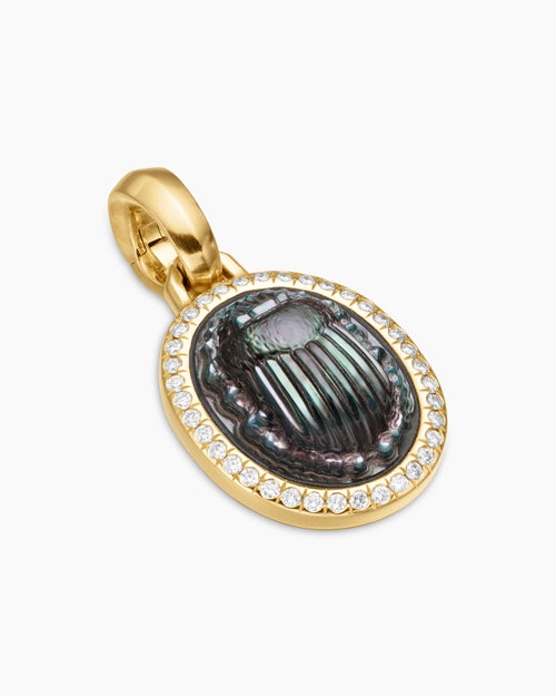 Womens Petrvs® Scarab Amulet in 18ct Yellow Gold with Black Mother of Pearl and Diamonds, 16.3mm