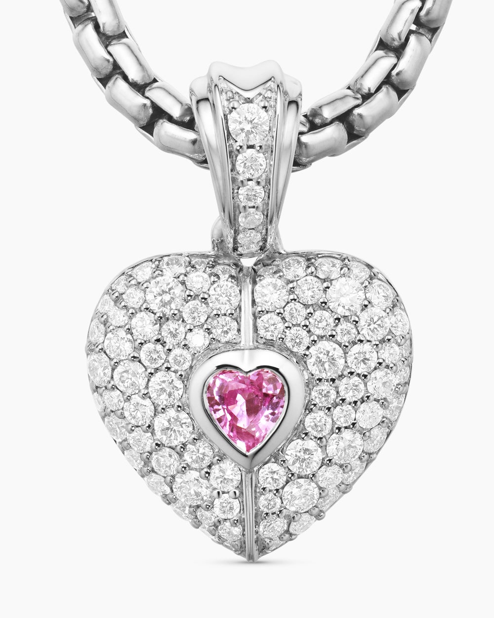 Womens SY Heart Amulet in 18ct White Gold with Diamonds and Pink Sapphire, 12.8mm