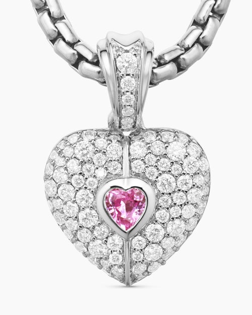 Womens SY Heart Amulet in 18K White Gold with Diamonds and Pink Sapphire, 12.8mm