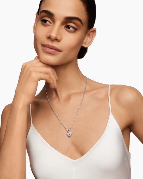 Womens SY Heart Amulet in 18K White Gold with Diamonds and Pink Sapphire, 12.8mm