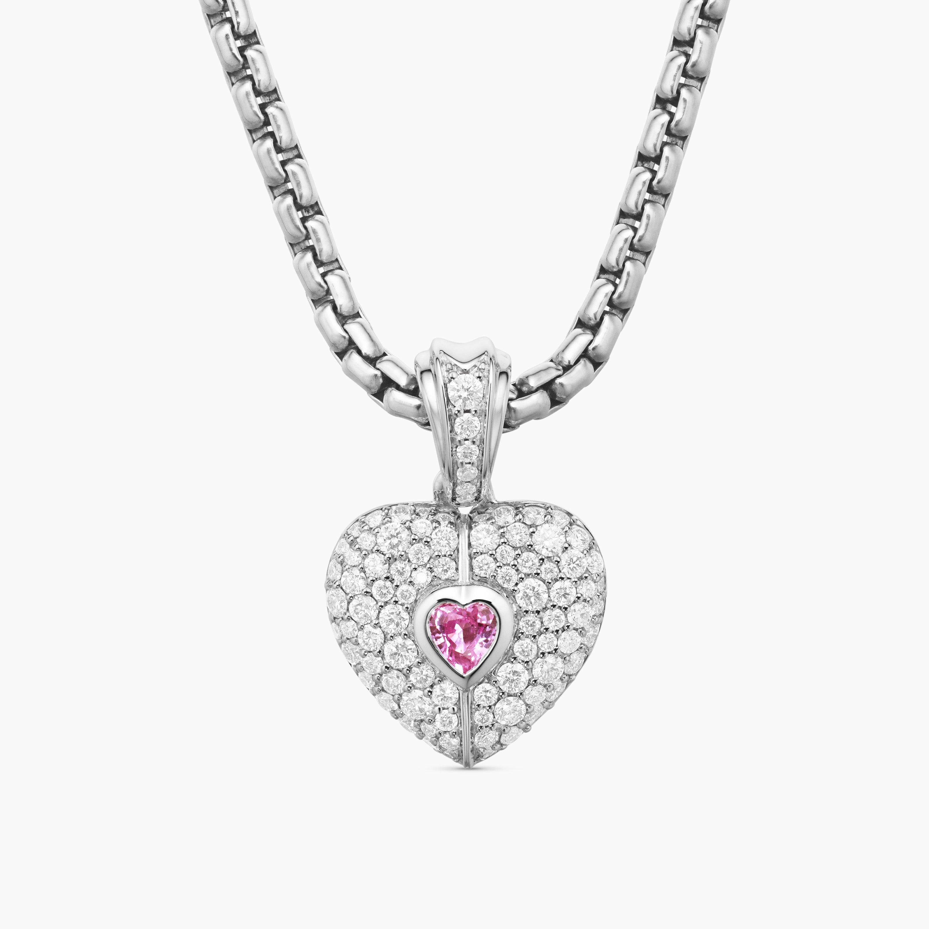 Womens SY Heart Amulet in 18K White Gold with Diamonds and Pink Sapphire, 12.8mm