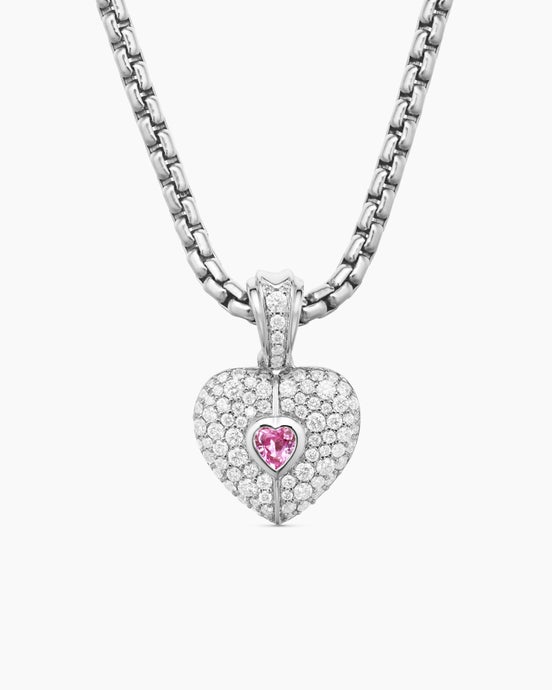 SY Heart Amulet in 18ct White Gold with Diamonds and Pink Sapphire, 12.8mm