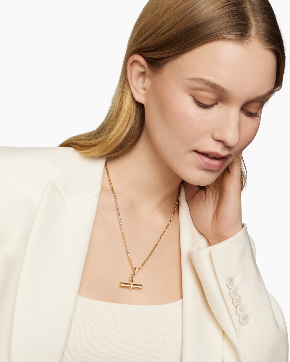 Womens Lexington E/W Barrel Pendant in 18K Yellow Gold with Diamonds, 32mm