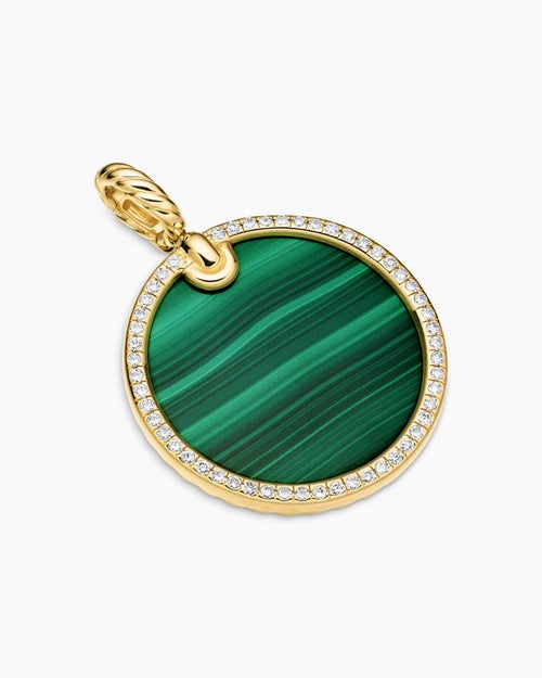 Womens DY Elements® Disc Pendant in 18K Yellow Gold with Malachite and Diamond Rim, 24mm