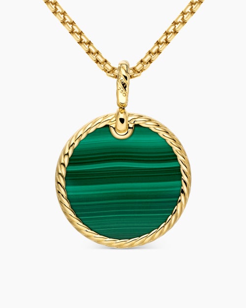 Womens DY Elements® Disc Pendant in 18K Yellow Gold with Malachite and Diamond Rim, 24mm