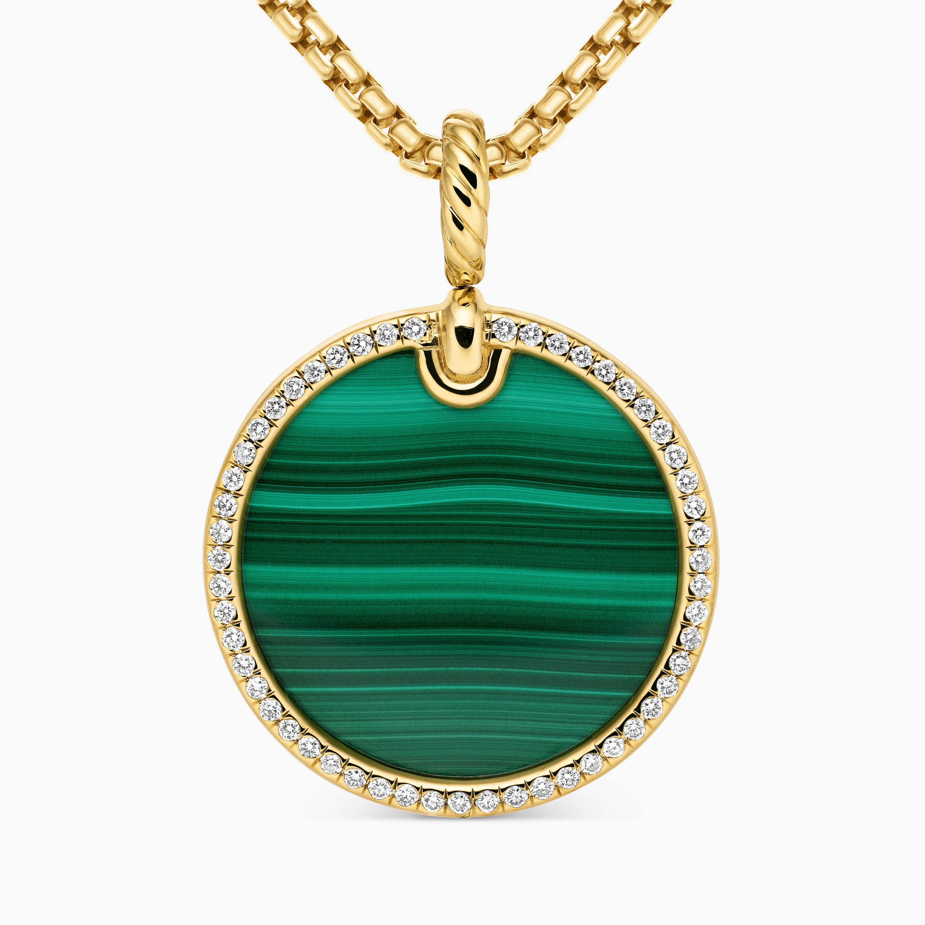 Womens DY Elements&reg; Disc Pendant in 18K Yellow Gold with Malachite and Diamond Rim, 24mm