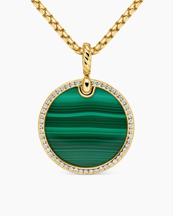 DY Elements® Disc Pendant in 18K Yellow Gold with Malachite and Diamond Rim, 24mm