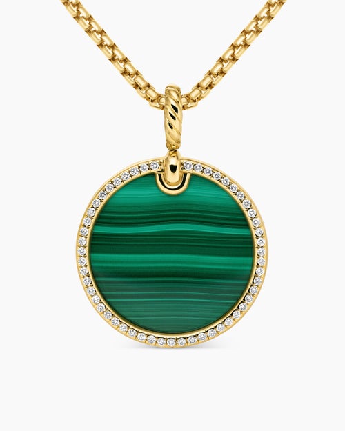 Womens DY Elements® Disc Pendant in 18K Yellow Gold with Malachite and Diamond Rim, 24mm