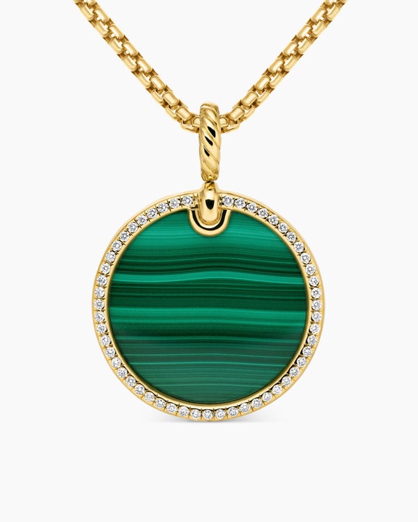 DY Elements® Disc Pendant in 18K Yellow Gold with Malachite and Diamond Rim, 24mm