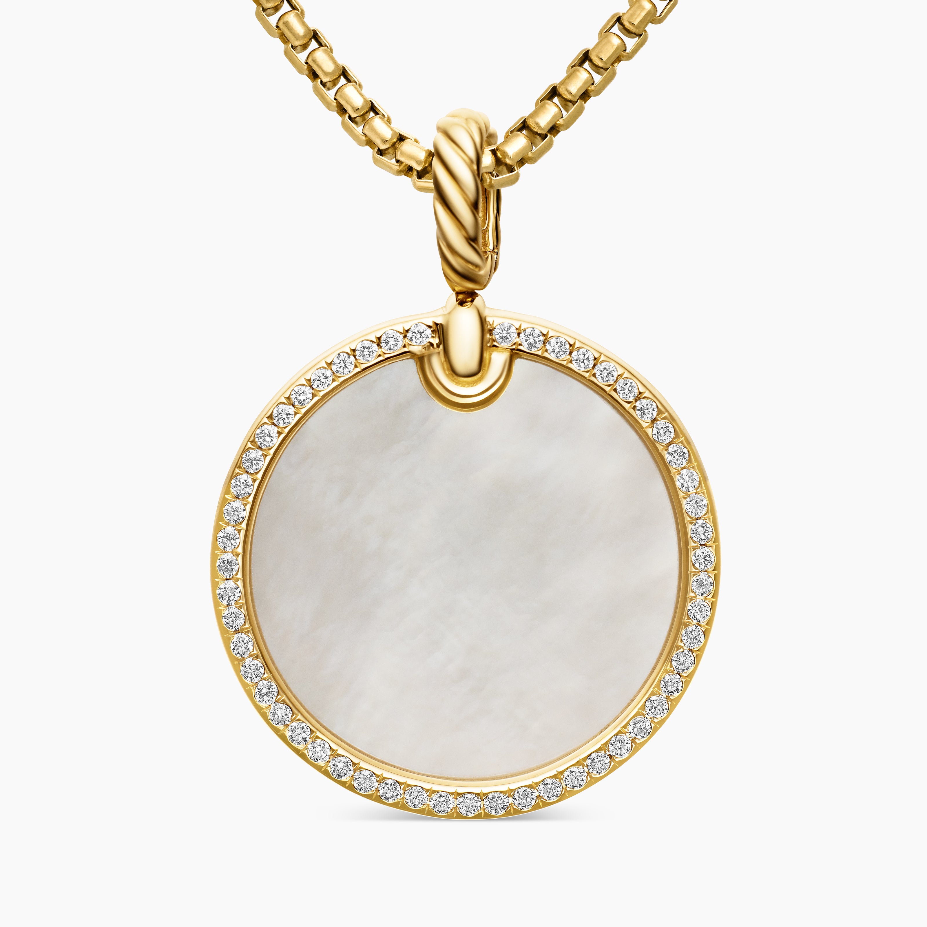 Womens DY Elements&reg; Disc Pendant in 18K Yellow Gold with Mother of Pearl and Diamond Rim, 24mm