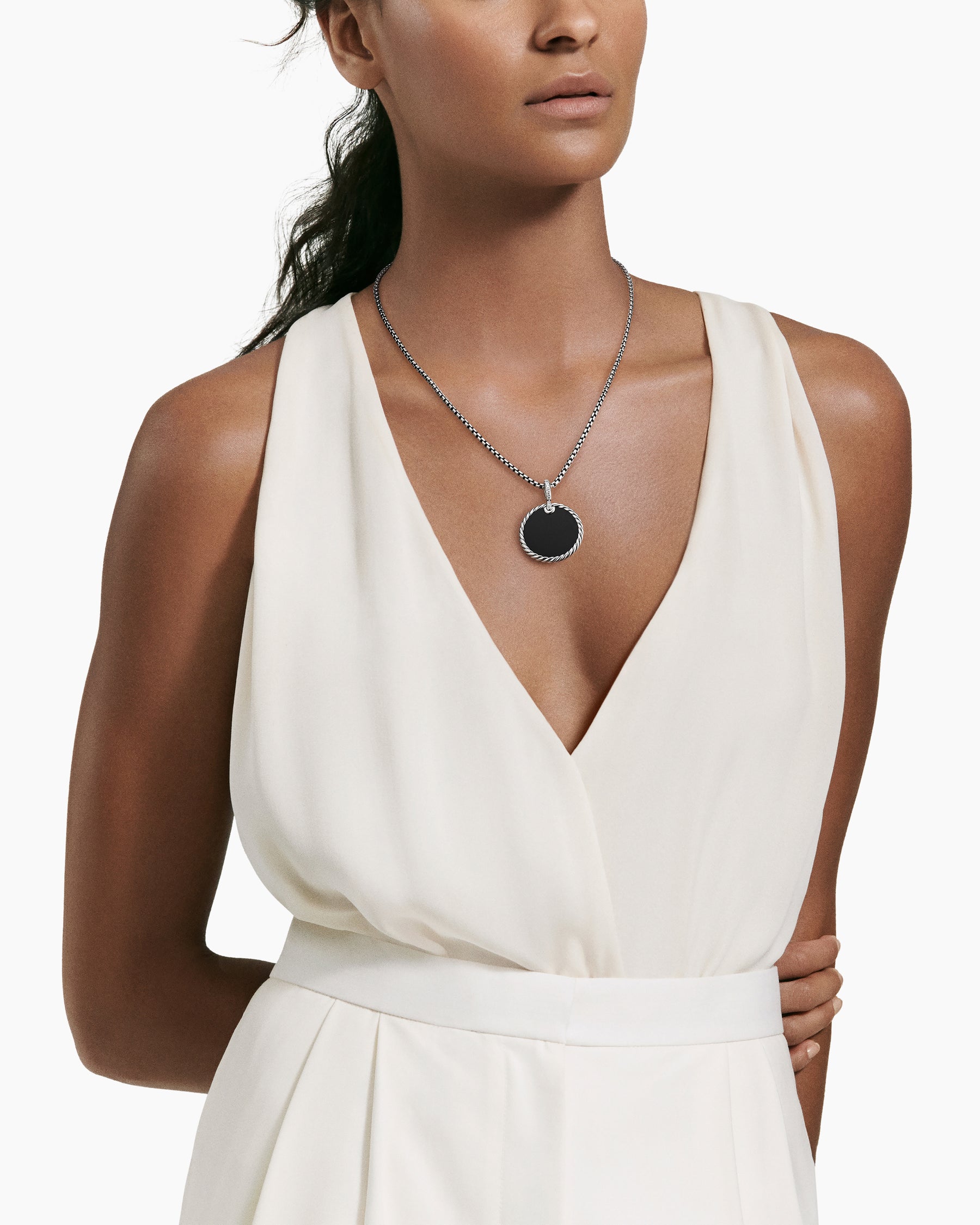 David Yurman DY Elements Eclipse Pendant Necklace with Black Onyx Reversible to Mother of Pearl, 18K Yellow Gold and Pavé Diamonds