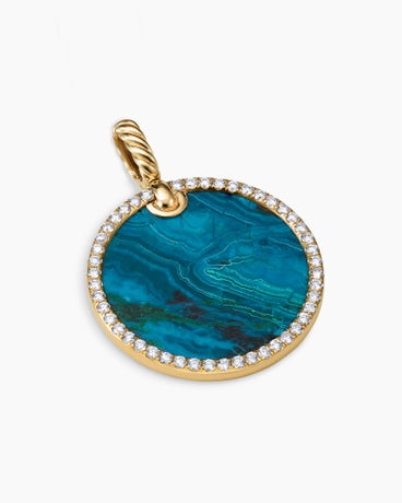 Limited DY Elements® Disc Pendant in 18K Yellow Gold with Chrysocolla and Diamonds, 24mm